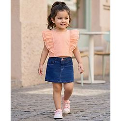 Babyhug Denim Mid Thigh Washed Skirt With Stretch - Navy Blue