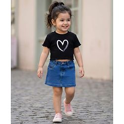 Babyhug Denim Mid Thigh Washed Skirt With Stretch - Navy Blue