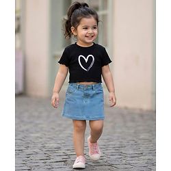Babyhug Denim Mid Thigh Washed Skirt With Stretch - Navy Blue