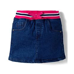 Babyhug Denim Mid Thigh Ribbed Waist Washed Skirt With Bow Applique - Navy Blue