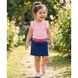 Babyhug Denim Mid Thigh Ribbed Waist Washed Skirt With Bow Applique - Navy Blue