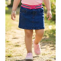 Babyhug Denim Mid Thigh Ribbed Waist Washed Skirt With Bow Applique - Navy Blue