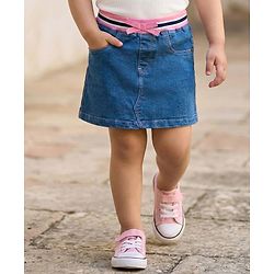 Babyhug Denim Mid Thigh Ribbed Waist Washed Skirt With Bow Applique - Navy Blue