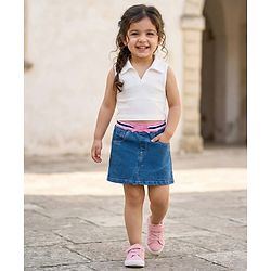 Babyhug Denim Mid Thigh Ribbed Waist Washed Skirt With Bow Applique - Navy Blue