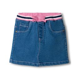 Babyhug Denim Mid Thigh Ribbed Waist Washed Skirt With Bow Applique - Navy Blue