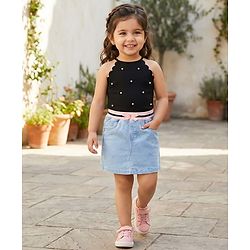 Babyhug Denim Mid Thigh Ribbed Waist Washed Skirt With Bow Applique - Navy Blue