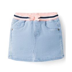 Babyhug Denim Mid Thigh Ribbed Waist Washed Skirt With Bow Applique - Navy Blue