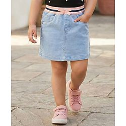 Babyhug Denim Mid Thigh Ribbed Waist Washed Skirt With Bow Applique - Navy Blue