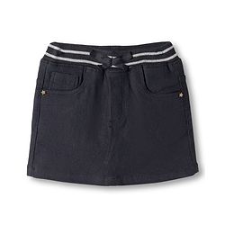 Babyhug Denim Mid Thigh Ribbed Waist Washed Skirt With Bow Applique - Navy Blue