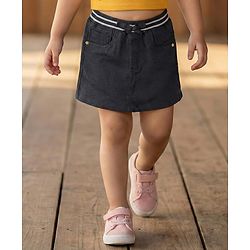 Babyhug Denim Mid Thigh Ribbed Waist Washed Skirt With Bow Applique - Navy Blue