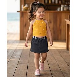 Babyhug Denim Mid Thigh Ribbed Waist Washed Skirt With Bow Applique - Navy Blue