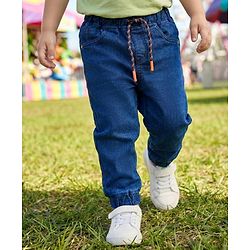 Babyhug Denim Full Length Washed Joggers with Stretch - Navy Blue