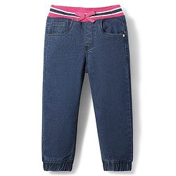 Babyhug Full Length Washed Denim Jeans With Ribbed Waist - Navy Blue