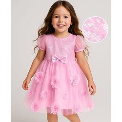 Babyhug Mesh Woven Sleeveless Foil Printed Party Gown With Sequin Detailing & Bow Applique - Light Blue