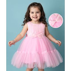Babyhug Mesh Woven Sleeveless Solid Sequinned Dress With Bow Applique - Pink