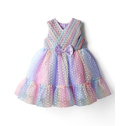 Babyhug Woven Sleeveless Mesh Pleated Party Dress with Bow Applique & Sequin Detailing - Multicolor