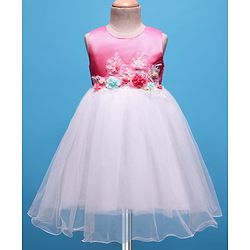 Babyhug Woven Sleeveless Mesh Party Dress with Floral Applique - Pink & White