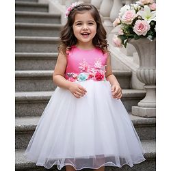 Babyhug Woven Sleeveless Mesh Party Dress with Floral Applique - Pink & White