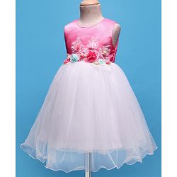 Babyhug Woven Sleeveless Mesh Party Dress with Floral Applique - Pink & White