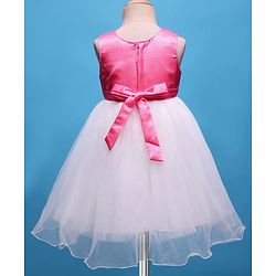Babyhug Woven Sleeveless Mesh Party Dress with Floral Applique - Pink & White