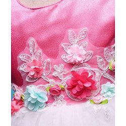 Babyhug Woven Sleeveless Mesh Party Dress with Floral Applique - Pink & White