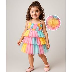 Babyhug Mesh Woven Sleeveless Fit & Flare Party Dress with Floral Applique - Pink Yellow & Blue