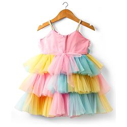 Babyhug Mesh Woven Sleeveless Fit & Flare Party Dress with Floral Applique - Pink Yellow & Blue