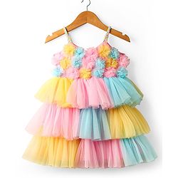 Babyhug Mesh Woven Sleeveless Fit & Flare Party Dress with Floral Applique - Pink Yellow & Blue