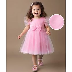 Babyhug Woven Frill Sleeves Mesh Party Dress with Bow Applique & Glitter Print - Pink