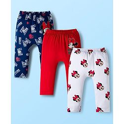 Babyhug Disney Interlock Knit Full Length Diaper Leggings With Minnie Mouse Family Graphics Pack Of 3 - Red Navy Blue & White