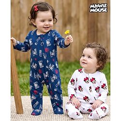 Babyhug Disney Interlock Knit Full Sleeves Footed Sleepsuit With Minnie Mouse Print Pack Of 2 - Navy Blue & White