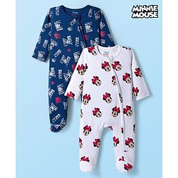 Babyhug Disney Interlock Knit Full Sleeves Footed Sleepsuit With Minnie Mouse Print Pack Of 2 - Navy Blue & White