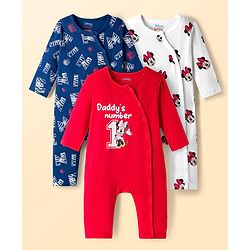 Babyhug Disney Inyterlock Knit Full Sleeves Front Open Rompers with Minnie Mouse Graphics Pack of 3 - Red White & Blue
