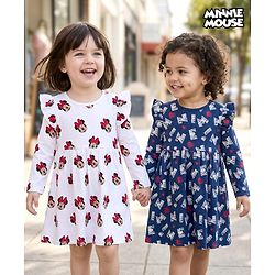 Babyhug Disney Single Jersey Knit Full Sleeves Frock With Minnie Mouse Print Pack Of 2 - Navy Blue & White