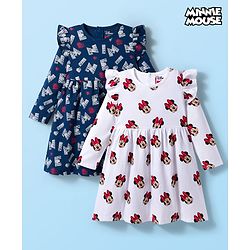 Babyhug Disney Single Jersey Knit Full Sleeves Frock With Minnie Mouse Print Pack Of 2 - Navy Blue & White