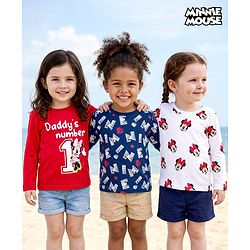 Babyhug Disney Single Jersey Knit Full Sleeves T-Shirts with Minnie Mouse Graphic Pack of 3 - Red Navy Blue & White