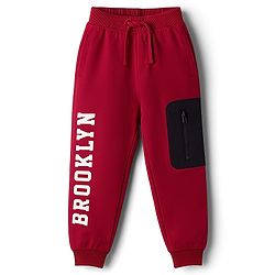 Babyhug Terry Knit Full Length Lounge Pant With Text Print - Red