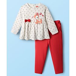Babyhug Single Jersey Knit Full Sleeves Heart Printed Top & Leggings Set with Bow Applique & Patch Detailing - Red & White