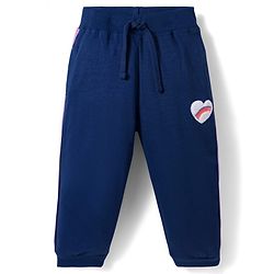 Babyhug French Terry Knit Full Length Lounge Pant With Heart Embriodery - Navy Blue