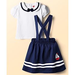 Babyhug Single Jersey Knit Half Puffed Sleeves Peter Pan Collar Top & Skirt Set with Bow Applique & Ship Print - Navy Blue
