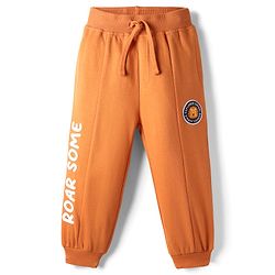 Babyhug Terry Cotton Knit Full Length Text Printed Cut & Sew Lounge Pant With Animal Patch - Rust Orange