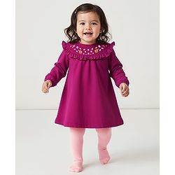 Babyhug Cotton Knit Full Sleeves Frock With Leggings & Floral Embriodery - Purple & Pink