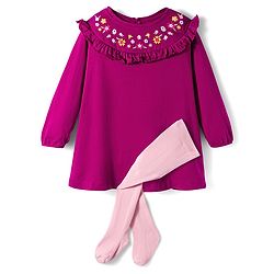Babyhug Cotton Knit Full Sleeves Frock With Leggings & Floral Embriodery - Purple & Pink