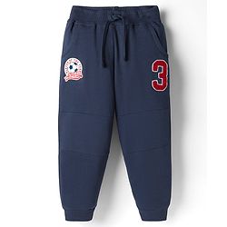 Babyhug Terry 100% Cotton Knit Full Length Text Printed Cut & Sew Lounge Pant With Embroidery - Navy Blue