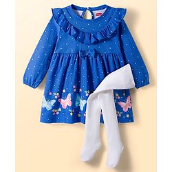 Babyhug Cotton Knit Full Sleeves Frock with Leggings with Butterfly Print Frill Detailing & Bow Applique - Blue