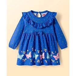 Babyhug Cotton Knit Full Sleeves Frock with Leggings with Butterfly Print Frill Detailing & Bow Applique - Blue