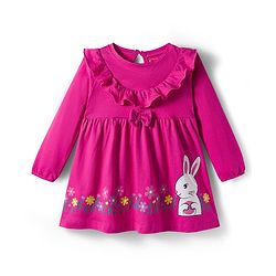 Babyhug Cotton Woven Full Sleeves Frock & Legging With Animal Print & Frill Detailing - Dark Pink & Pink