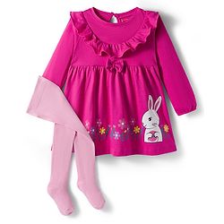 Babyhug Cotton Woven Full Sleeves Frock & Legging With Animal Print & Frill Detailing - Dark Pink & Pink