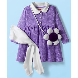 Babyhug Cotton Knit Full Sleeves Polka Dot Printed Frock With Leggings & Floral Sling Bag - Purple