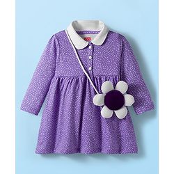 Babyhug Cotton Knit Full Sleeves Polka Dot Printed Frock With Leggings & Floral Sling Bag - Purple